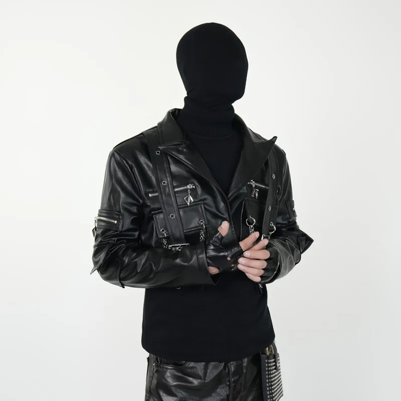 HKSH Spring New Men Tide Darkwear Avant-Garde Short PU Leather Jacket Shoulder Pads Punk Stage Performance Chic Ins Coat HK24351