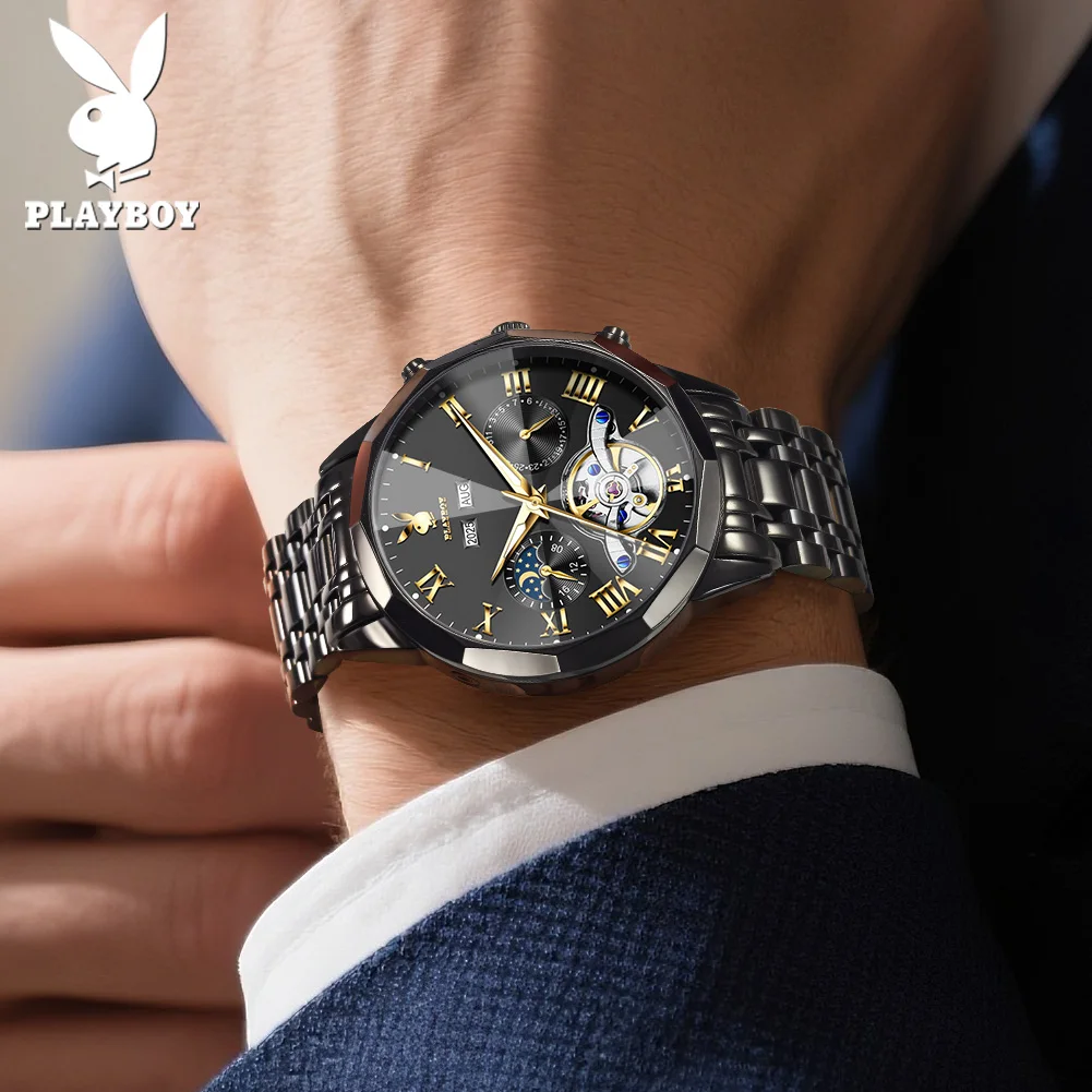PLAYBOY 3089 Luxury Men Hollow Mechanical Movement Watch Fashion Year-month Calendar Dial 24-hour Moon Phase Waterproof Watch