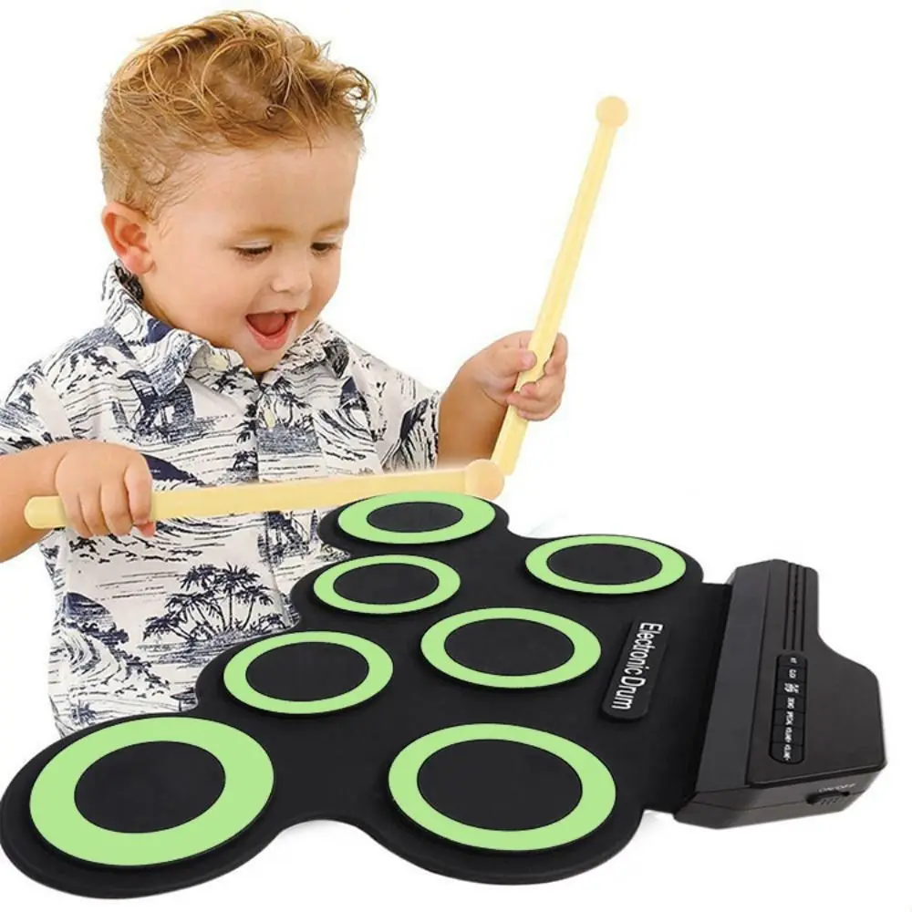 1 Box 7-Pads Electronic Drum Set with Sustain Pedal Hand Roll Portable Electronic Drum Digital USB for Beginner