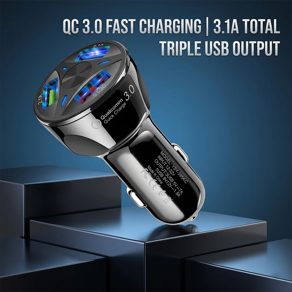 4-Port USB Car Charger QC 3.0 Fast Charging Auto Adapter with Real-Time Voltage Monitor 7A Output for 12-24V Vehicles For iPhone