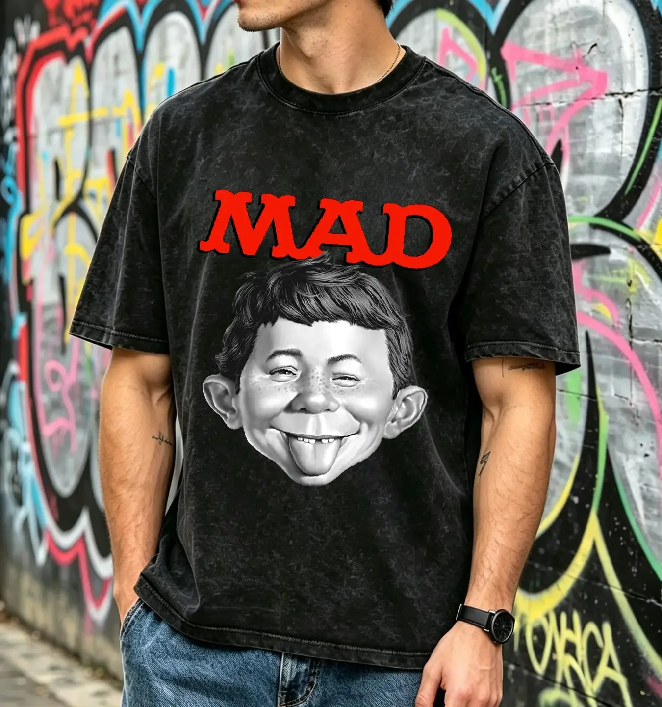 washed T Shirt MAD Magazine Alfred E Newman retro 1970's cotton graphic tee WBT349 vintage Washed Soft Top For Everyday Wear