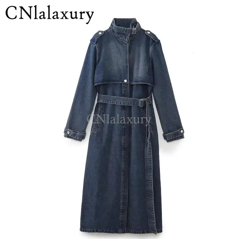 CNlalaxury 2023 Autumn Winter Women New Solid Color Fashion Simplicity Lace Up Denim Wind Coat Long Loose Stand Collar Trench