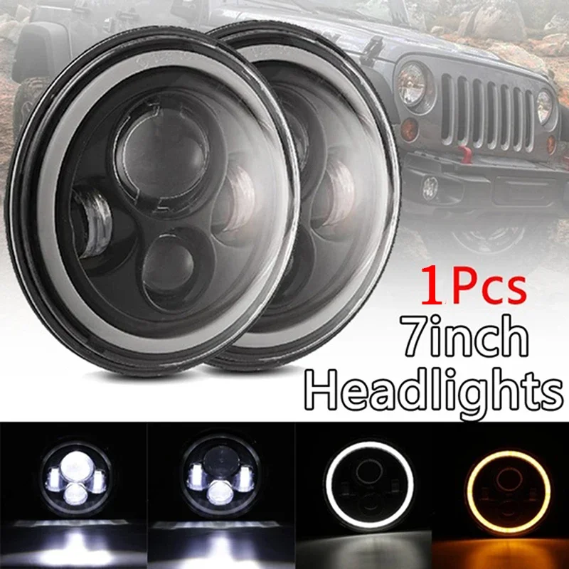 1Pcs 7 Inch Moto Car Led Headlight H4 Round Headlight with Amber Turn Signal For Jeep Wrangler JK TJ Headlamps image 3
