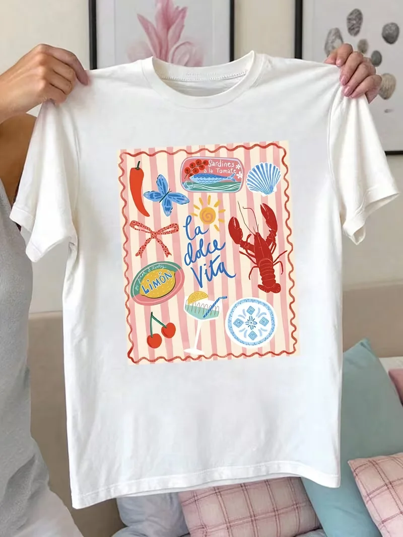 La Dolce Vita Mediterranean Collage Print T-Shirt for Women, Casual Crew Neck Short Sleeve, Italian Summer Aesthetic Tee