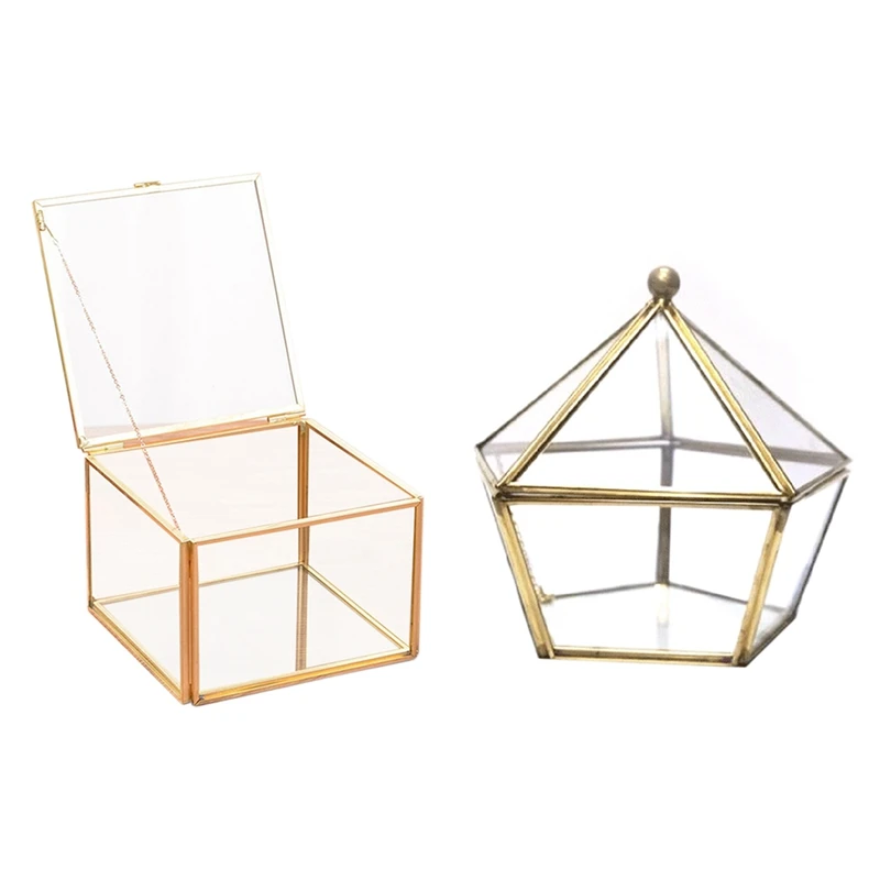 

Glass Ring Box Wedding Jewelry Case Immortal Flower Glass Cover & Square Opening Glass Geometry Garden Jewelry Boxs Mirror Jewel