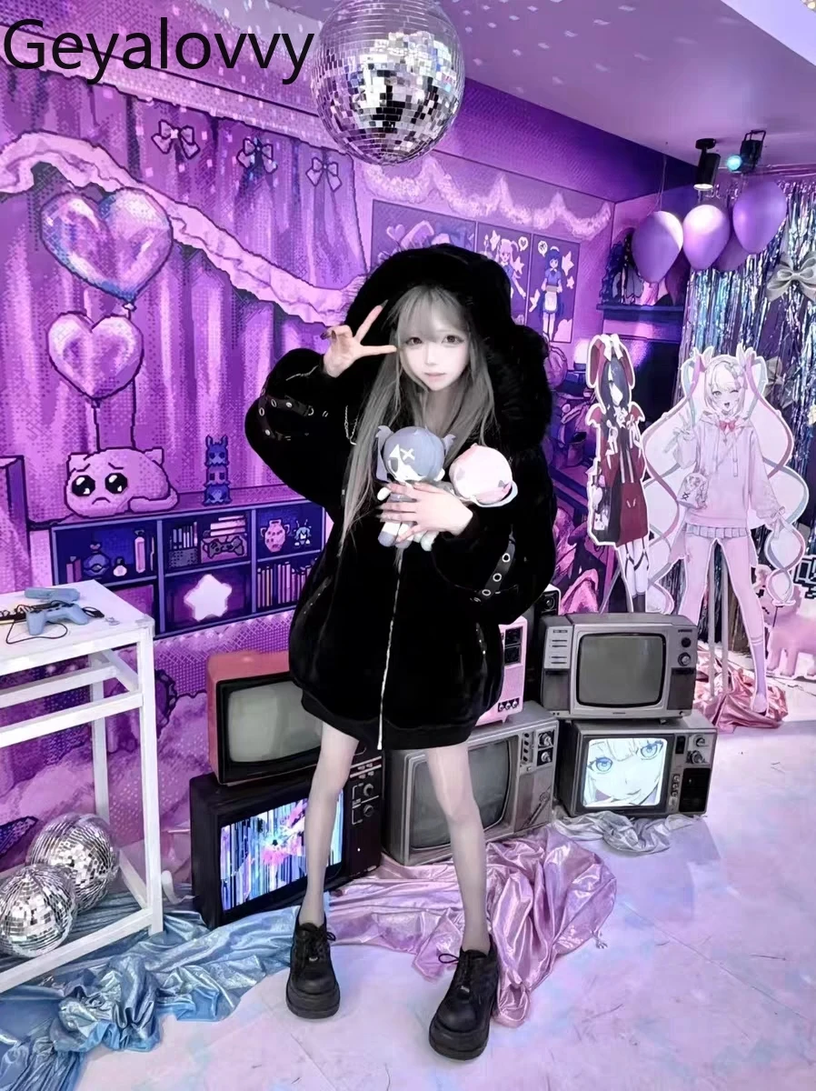 

Милая и милая свободная плюшевая куртка с капюшоном с кошачьими ушками для девочек, осень-зима, новое теплое черное универсальное пальто на молнии для женщин