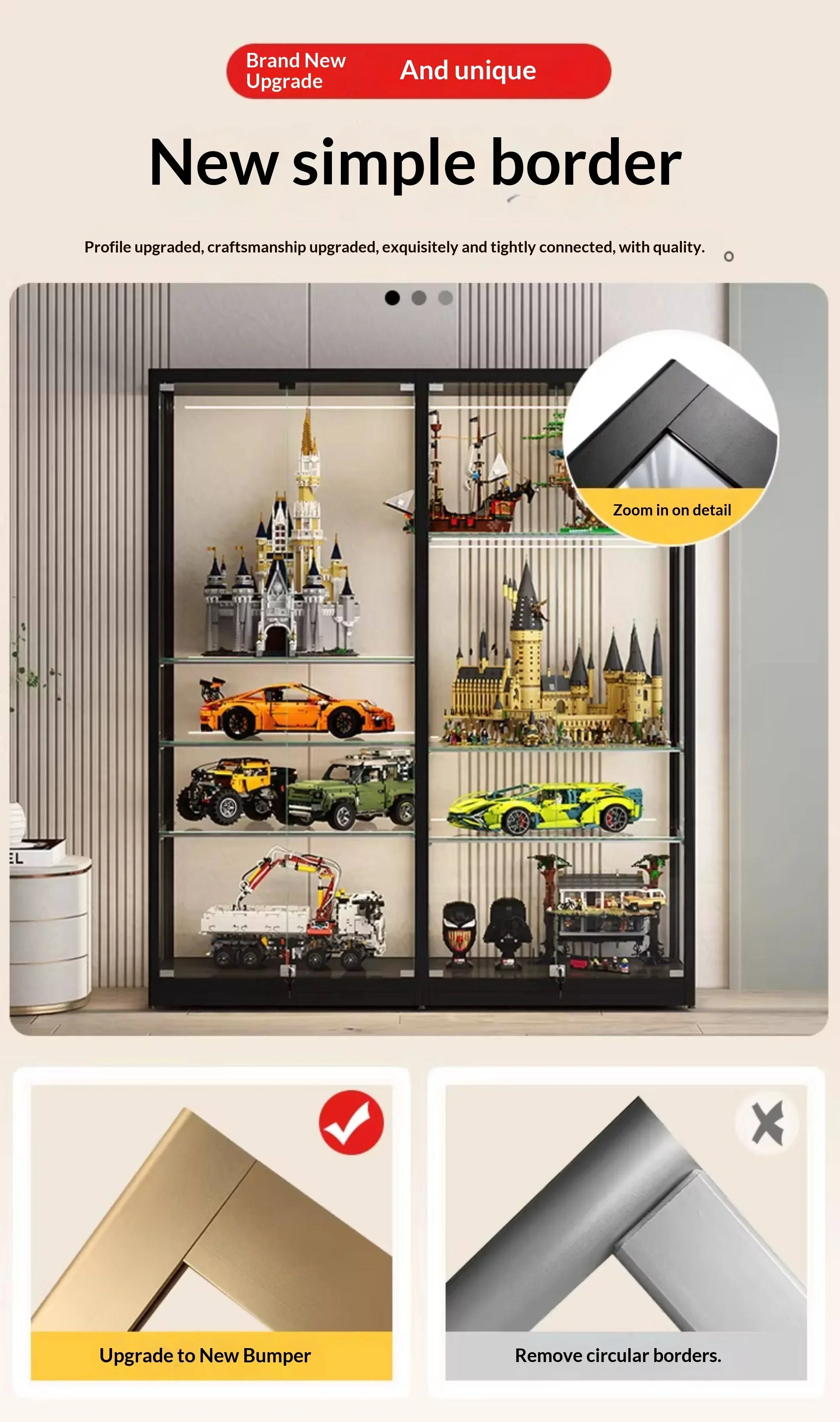 Any Size Custom Lego Figure Display Cabinet Dustproof Tempered Glass LED Light Adjustable Shelf Multi Color Hardware Living