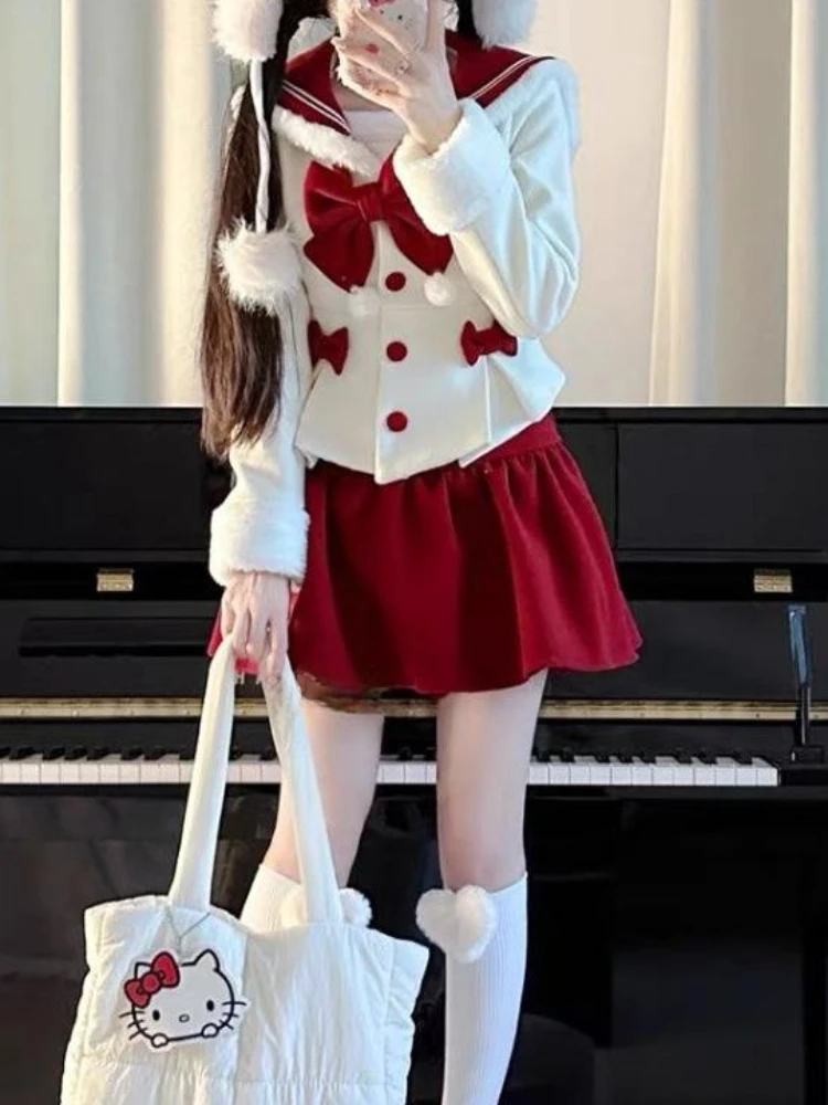 

Winter Japanese College Style JK Kawaii Two Piece Set Navy Collar Coat + Slim Solid Skirt New Fashion Sweet Harajuku Fairy Suit