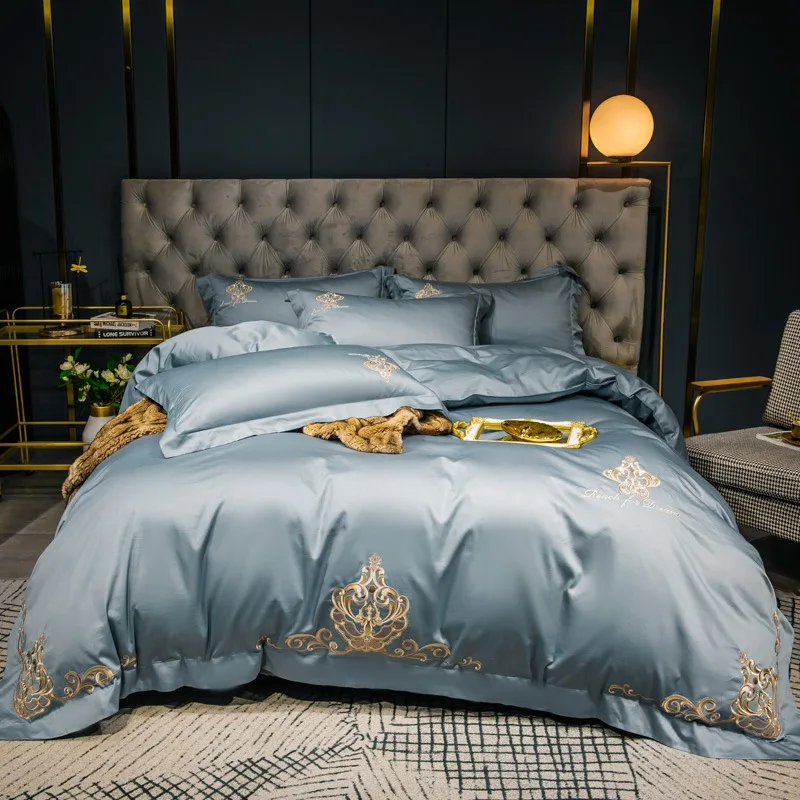 cotton Bedding Set Embroidered solid color duvet cover bed linen wedding hotel pillowcases fitted sheet flat sheetl