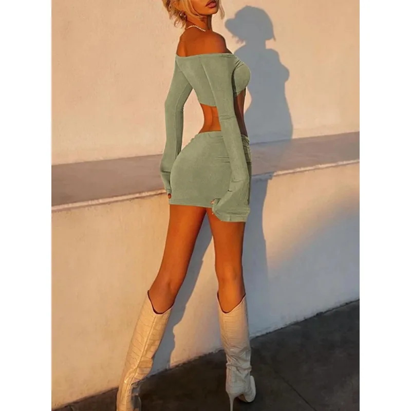 Hugcitar Women Matching 2 Piece Set Long Sleeve Drawstring Ruched Crop Top Mini Skirt Suit Co Ords Outfits Bodycon Sexy Party image 3