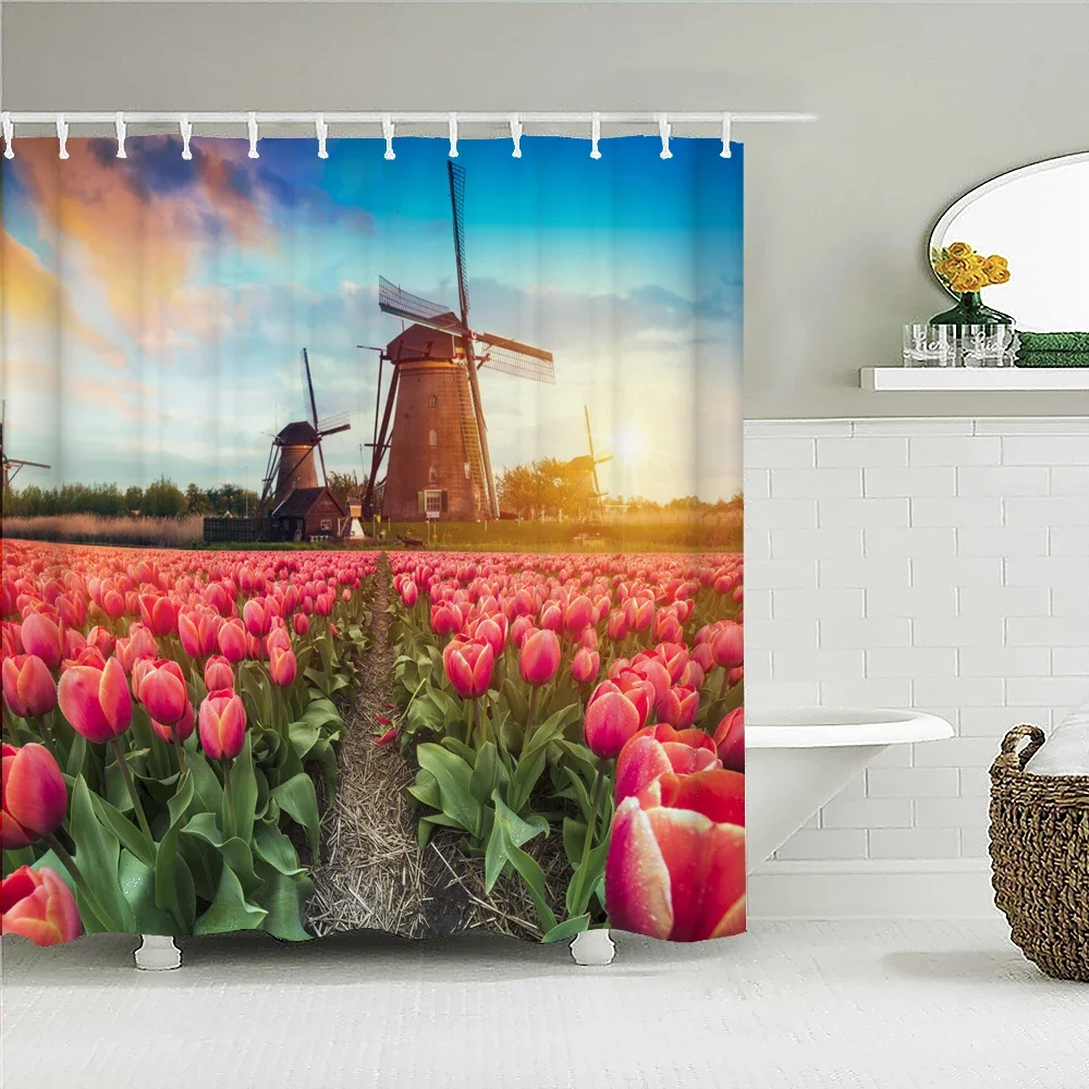 Natural Scenery Tulips Print Shower Curtains Windmill Landscape Bathroom Curtain Waterproof Polyester Home Decoration with Hooks