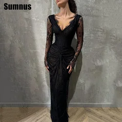 SUMNUS Black Mermaid Prom Dress With Lace Illusion Elegant V-Neck Long Sleeves Sexy Evening Dresses Formal Gowns Customized