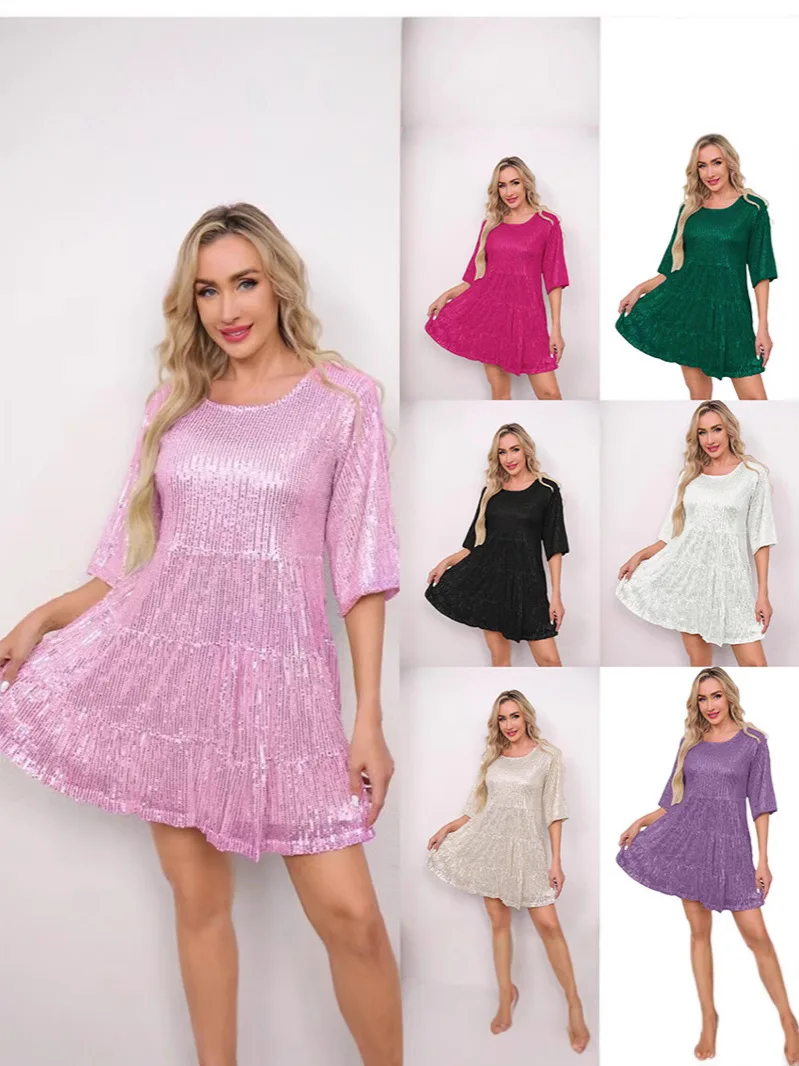 

Элегантное платье с пайетками, повседневное платье со свободной талией и короткими рукавами, однотонное модное мини-платье, вечернее блестящее платье