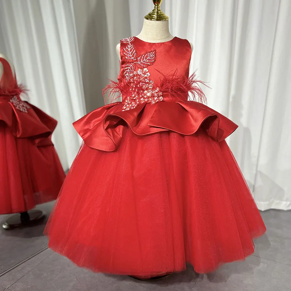 White Ball Gown For Girl Dress  Kid Wedding Birthday Elegant Appliques Beading Red First Communion Party 2025