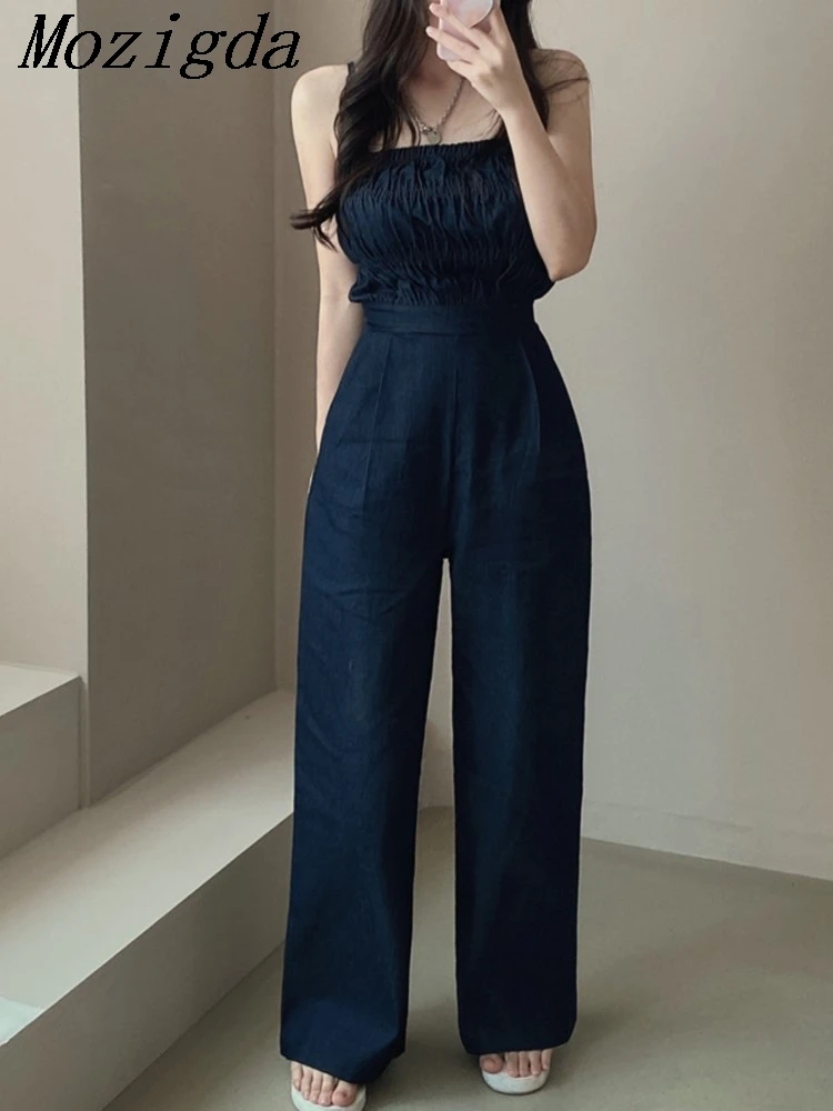 

Korean Style Suspender Wide Leg Jumpsuits For Women Summer Solid Color Folds Wide Leg Pants Sling Rompers Vintage Overalls