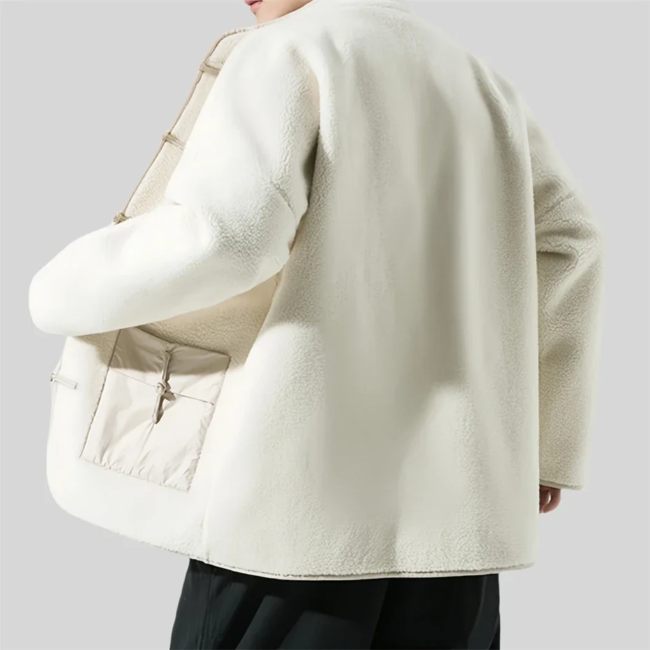 Parkas informales de lana de cordero para hombre, chaqueta gruesa de talla grande, chaqueta cálida de algodón con hebilla de disco, ropa de calle