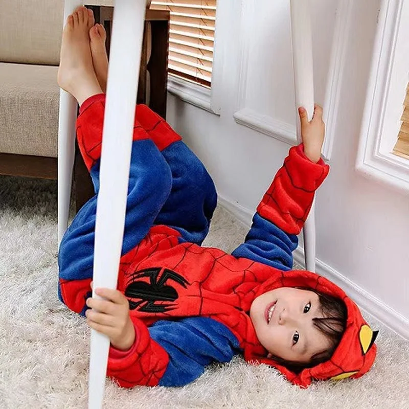 Spider Man Flannel Jumpsuit Pajama Adult Children Home Wear Toilet Version Sleepwear Halloween Costume Indoor Clothing