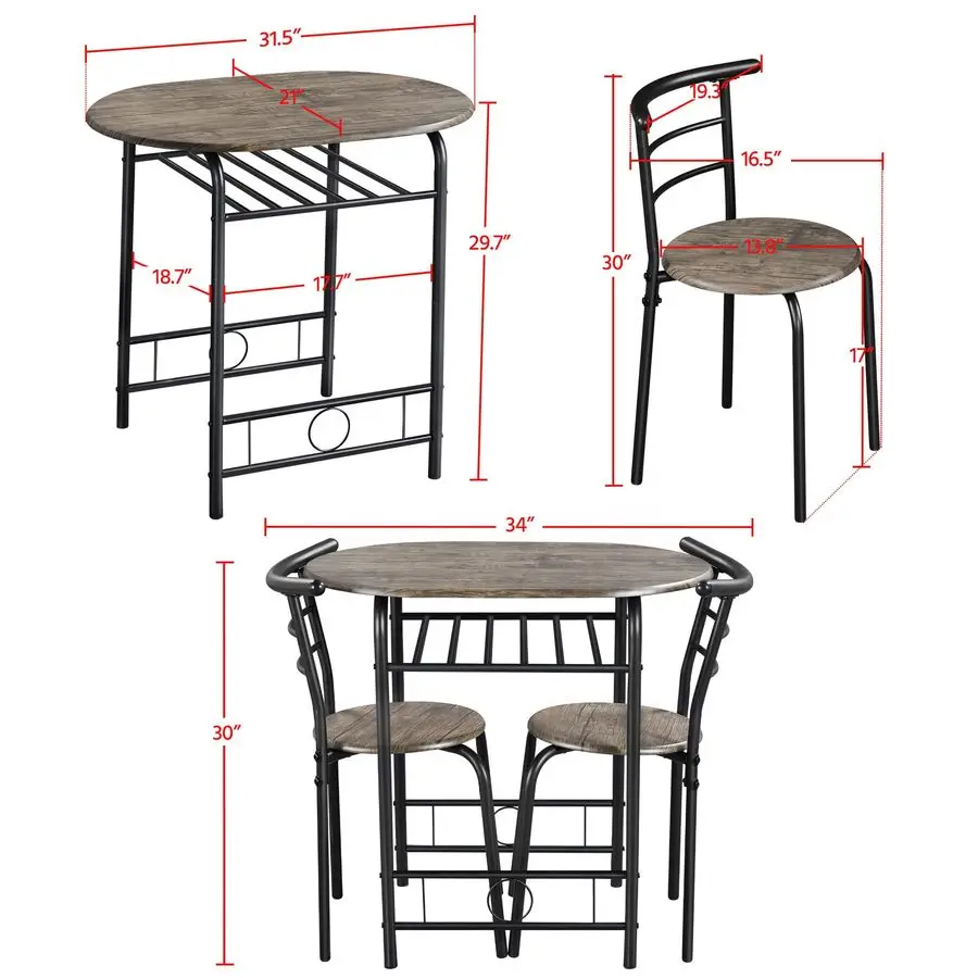 3 Piece Dining Table Set, Kitchen Table amp Chair Sets for 2, Compact Bistro Table Set with Steel Legs, Builtin Wine Rack for S