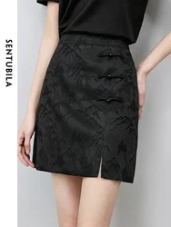 SENTUBILA Black Jacquard Mini Skirt for Women 2024 Chinese Fashion Elegant Split Skirt Simple Woman Summer Clothes 142Q55251