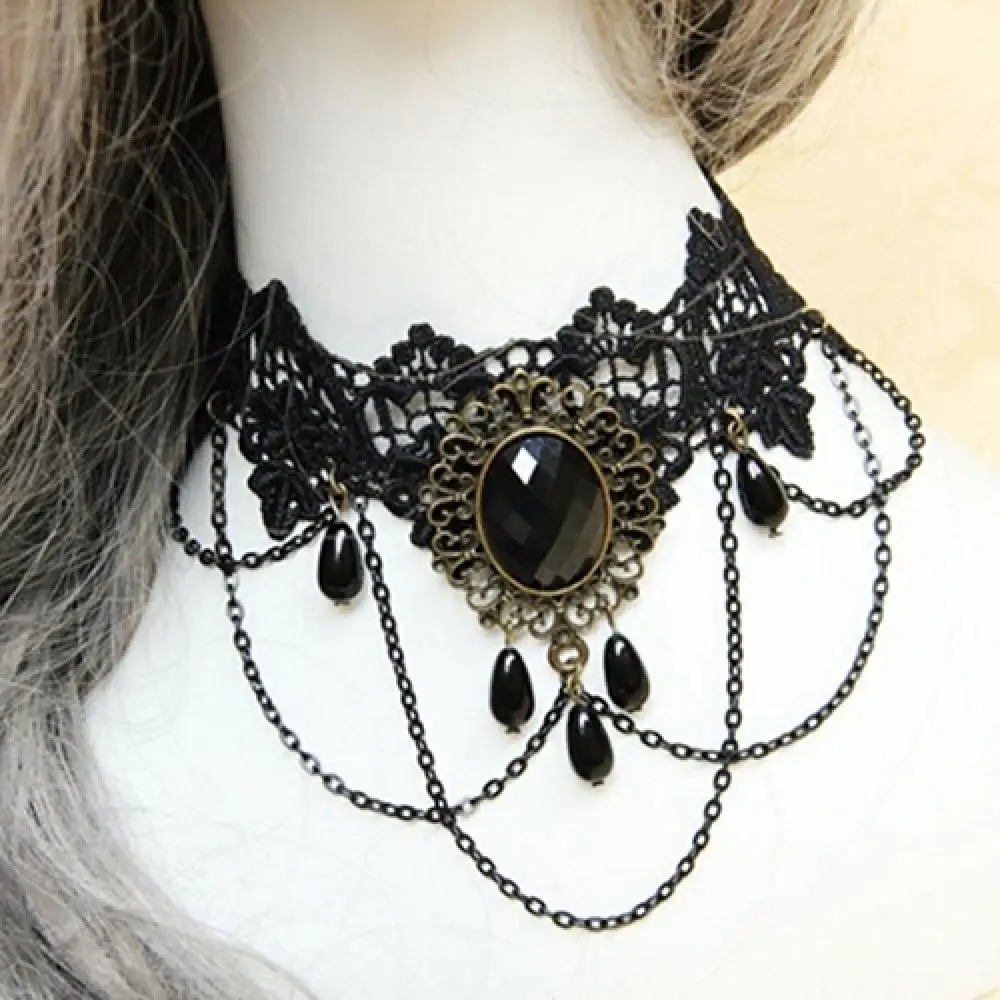 Gothic Victorian Choker for Women Black Lace Necklace Women Girl Boho Crystal Tassel Sexy Lace Choker Loli Style Halloween Jewel