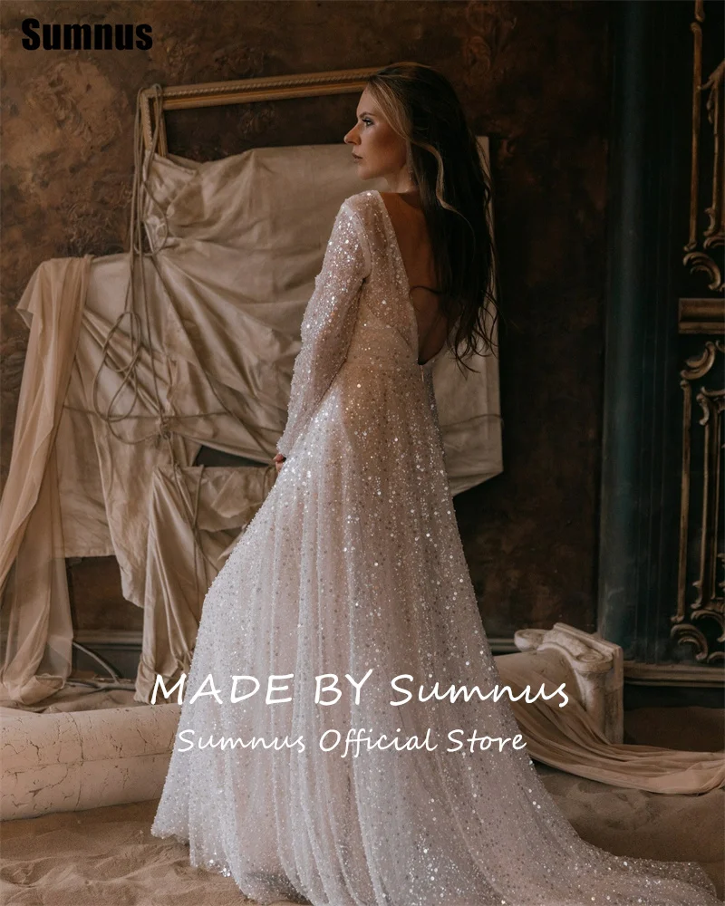 Sumnus-vestido de fiesta moderno, corte en A, cuello redondo, manga larga, cuentas, vestido de noche con lentejuelas, Gala, فساتmaveraPersonalizzato