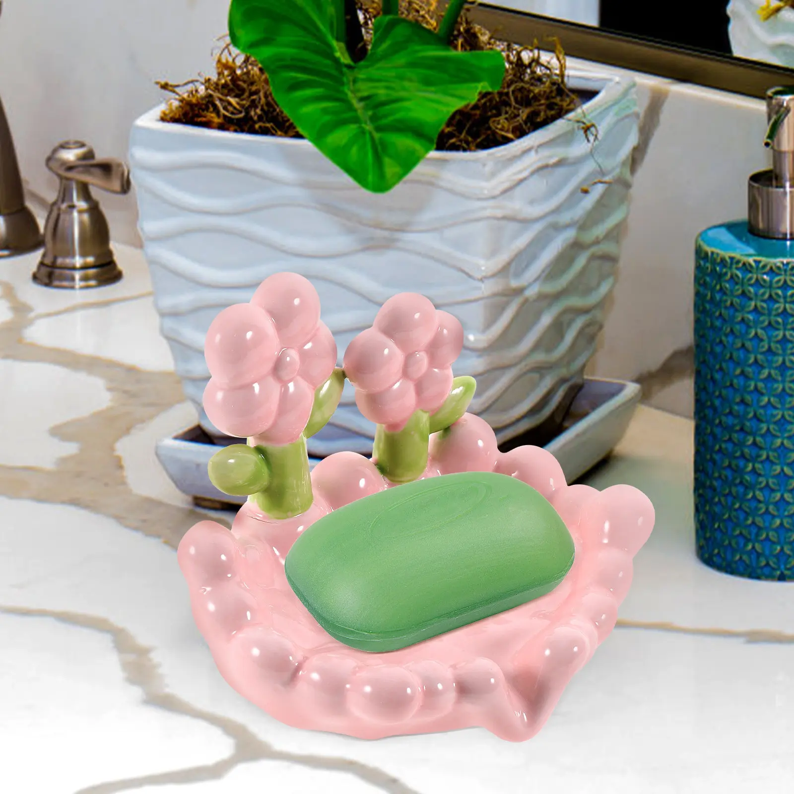 Modern Ceramic Soap Dish Flower Design Self Draining Soap Holder Case for Shower Bathroom Kitchen Natural Drying Reusable