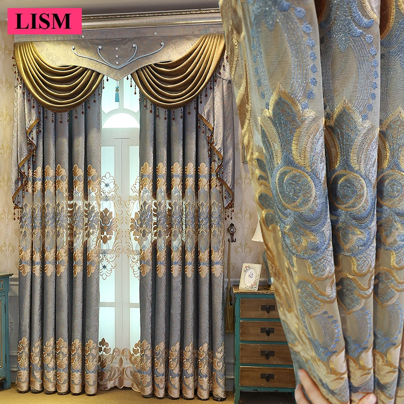 

European Brown Chenille HollowOut Embroidered Luxury Curtains for Living Room Bedroom Window Blackout Valance Decor Tulle Custom