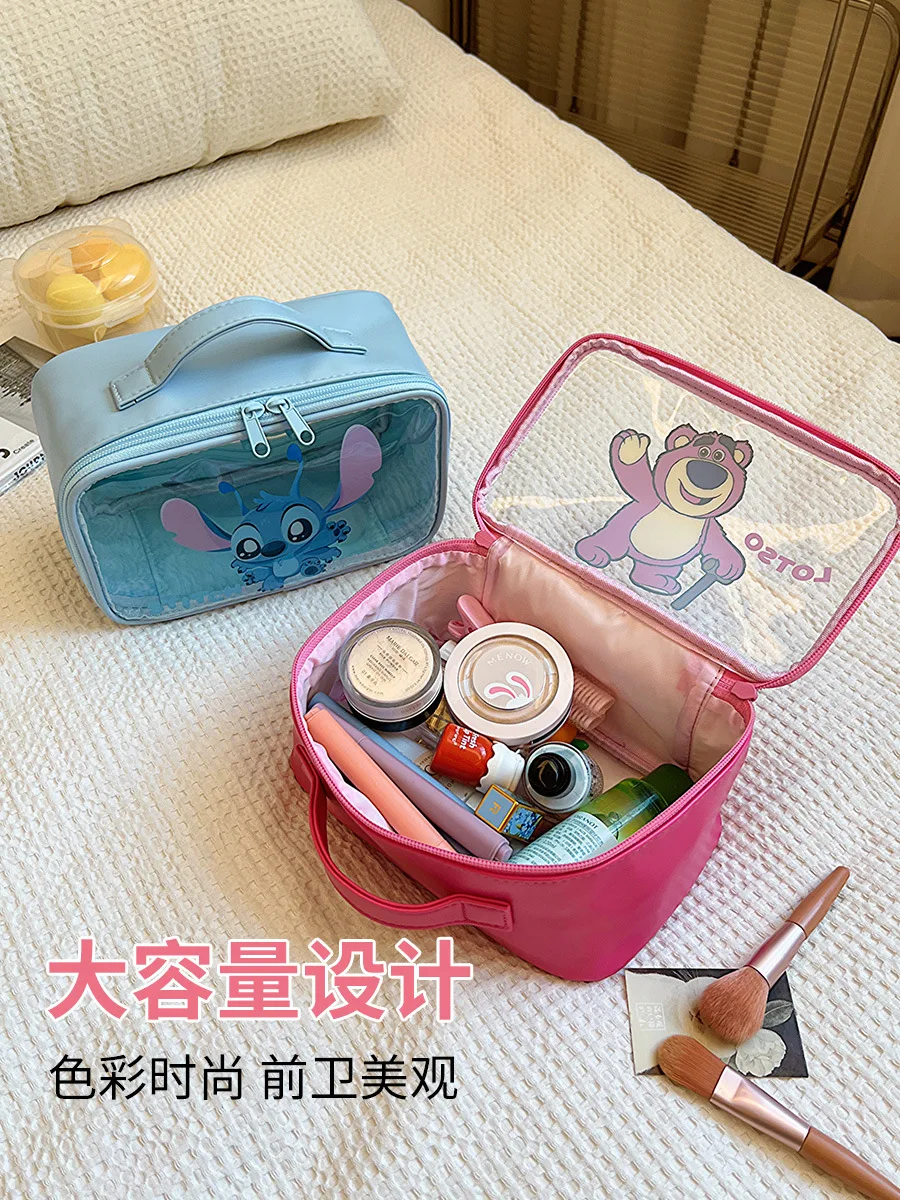 New Stitch กระเป๋าเครื่องสําอางการ์ตูนแบบพกพากระเป๋าถือโปร่งใสกระเป๋าแต่งหน้ากระเป๋าขนาดใหญ่ความจุ Travel Organizer