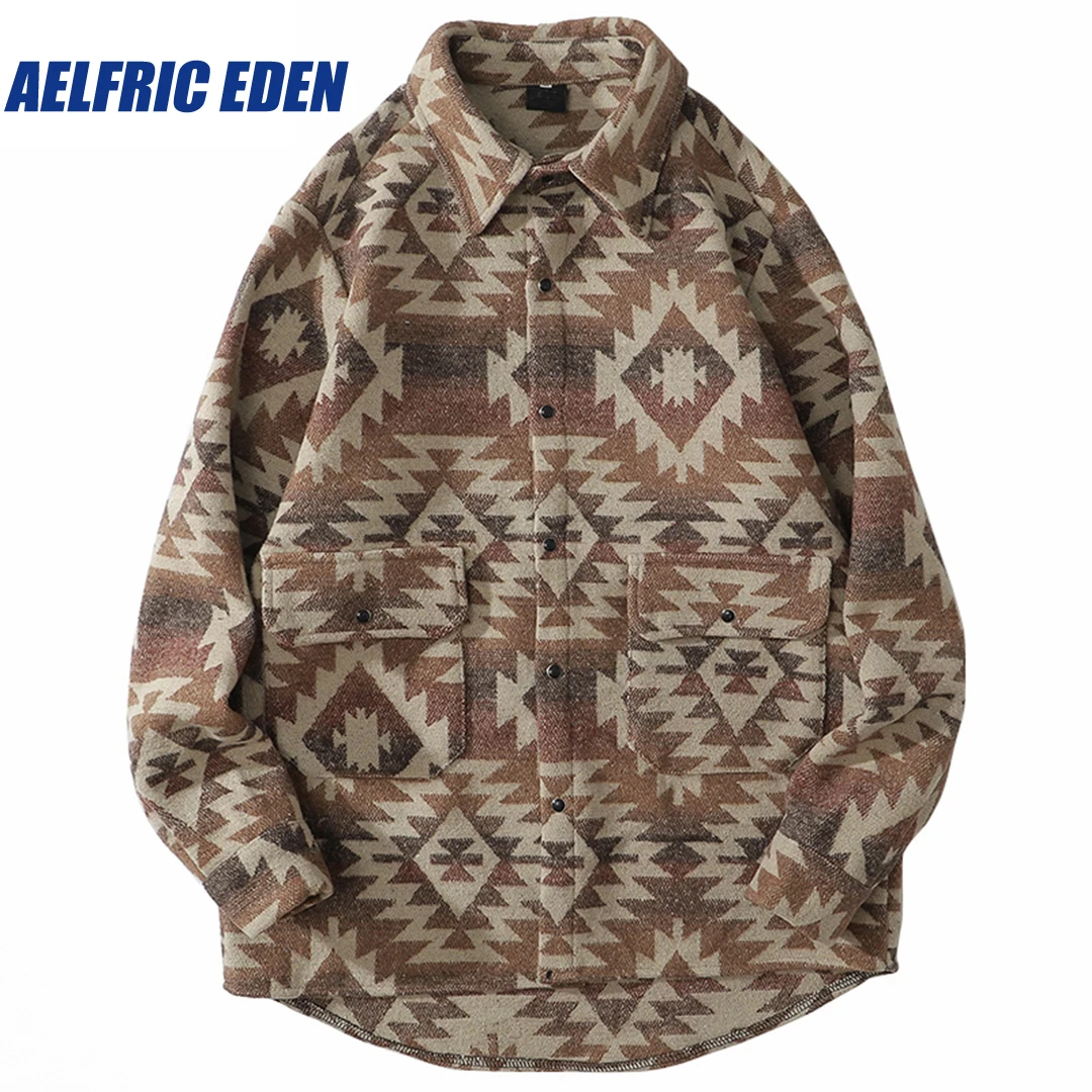 Aelfric Eden Vintage Retro Hip Hop Men Streetwear Harajuku Shirt Geometric Flannel Shirt Cotton Fleece Long Sleeve Casual Shirt