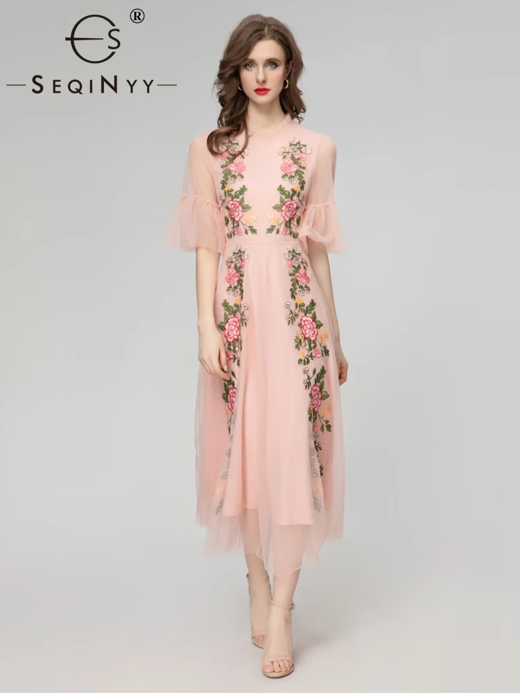 

SEQINYY Pink Midi Dress for Women Runway Embroidery Flower Vintage Mesh A-Line Elegant Casual Summer Spring New Fashion Design