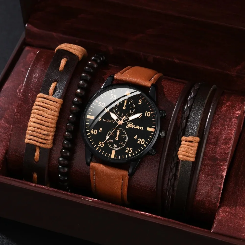 4/2/1pcs Men Sports Watches Set Man Business Quartz Wristwatch Luxury Brown Leather Bracelet Mens Watch Casual Clock（no Box）