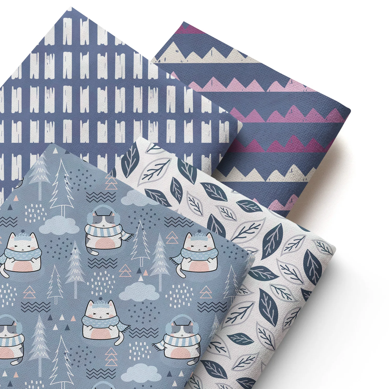 Pre-cut 4pcs/set Whimsical Cat & Nature Leaves Theme Fabric Bundle, 7.87x7.87inch(20x20cm) Polyester Quilting Squares
