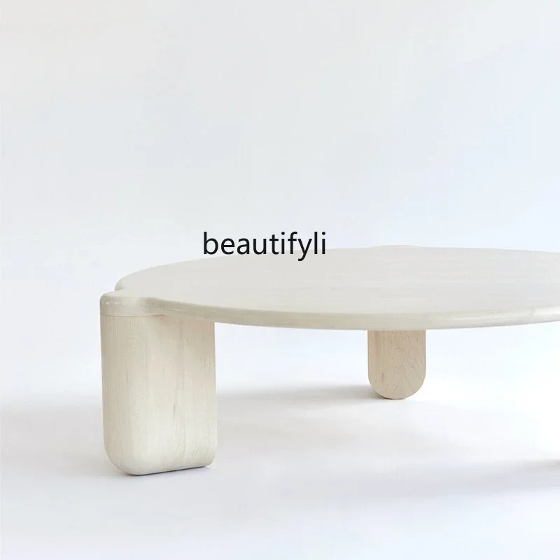 New All solid wood coffee table white simple round cloud cream wind French living room household, small coffee table