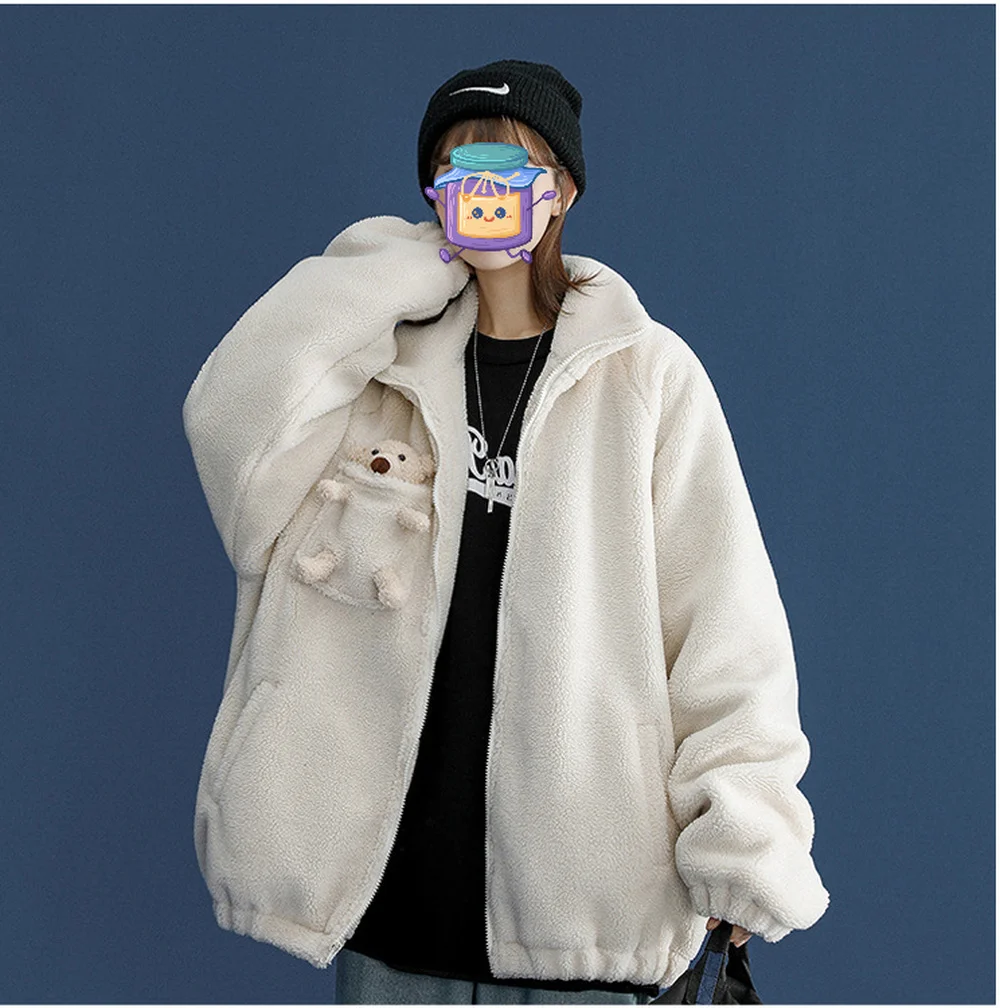 Lamb Fur Bear Coat Female Autumn and Winter Unique Fashion Design Plus Velvet Thick Ins Lazy Style BF Wind Oversize Zip Up Top