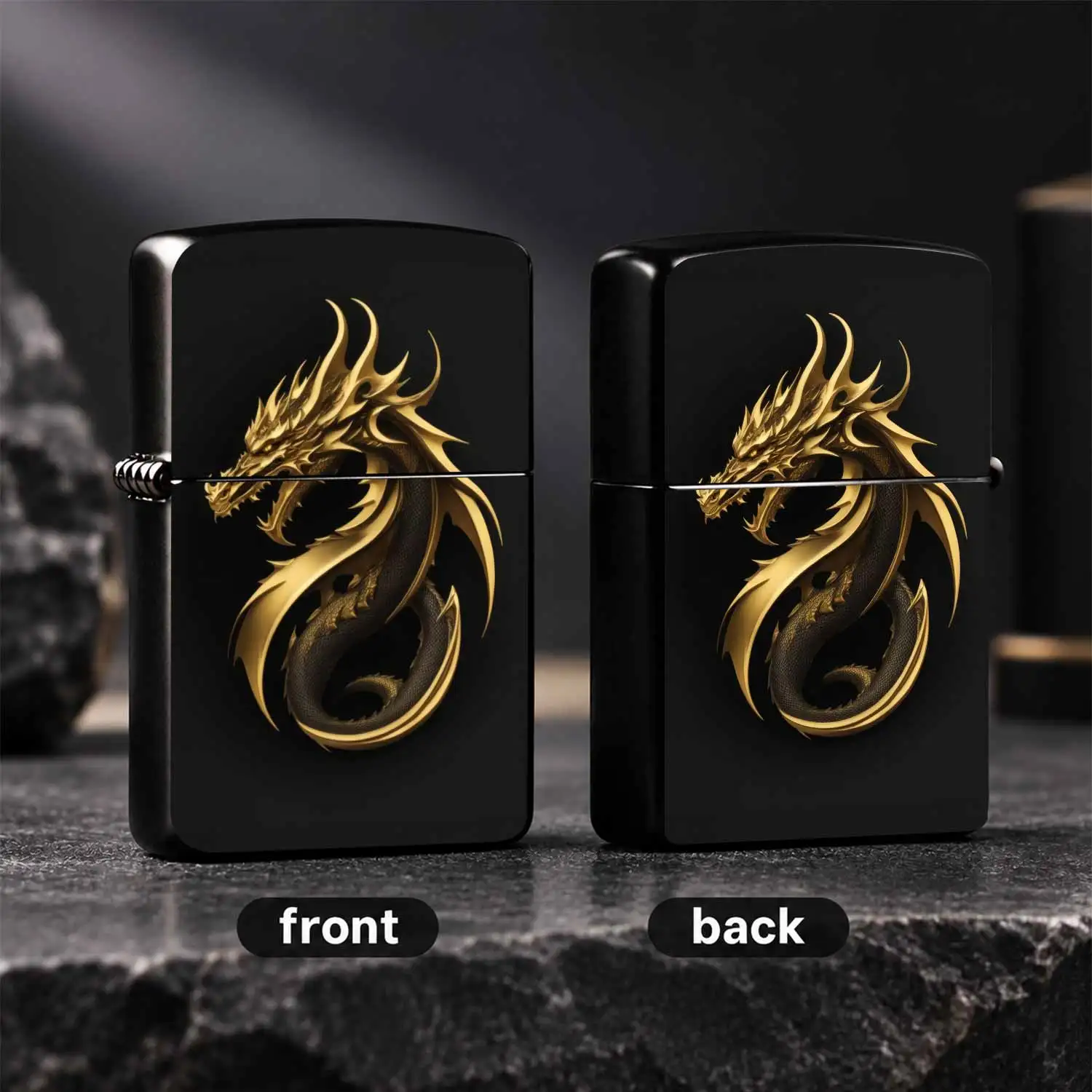 Vintage Black Gold Dragon, Exquisite Engraved Majestic Oriental Dragon Pattern, High Gloss Golden Serpentine Dragon On Matte Black Base, Durable Windproof, Unique Collectible Gift For Men, Ideal For Daily Use Desktop Decoration Personalized