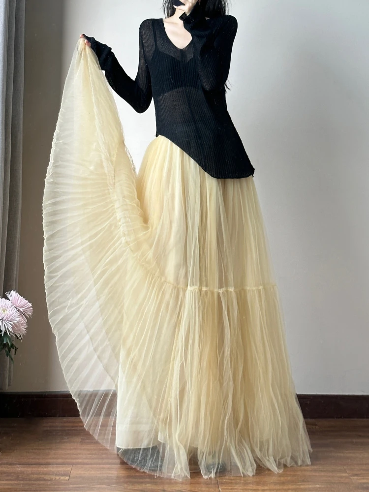 Retro Mesh Half Skirt Women's High Waist Texture Folded Long Skirt Spring 2025 New Style Commute Artistic Polyester Fiber