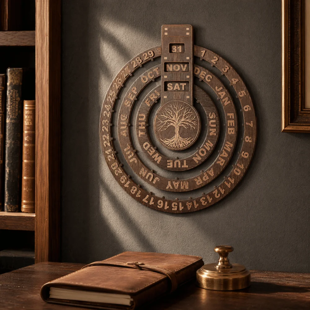 12.01X10.83in Wooden Perpetual Calendar Moon Phase Display Circular Disc Rotating Calendar Adjustable Day/Month/Week Round Dial