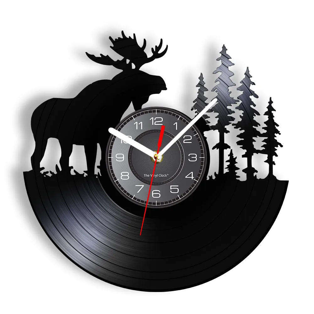 

Woodland Deer Wall Decor Retro Vinyl Record Wall Clock Antler Forest Elk King With Pine Tree Hunting Wall Clock Hunter Gift Idea