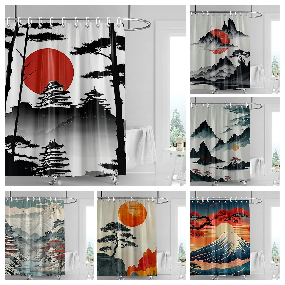 Japanese Style Retro Sunrise Wave Landscape Shower Curtain Waterproof Fading-resistant Home Bathroom Partition Curtain with Hook