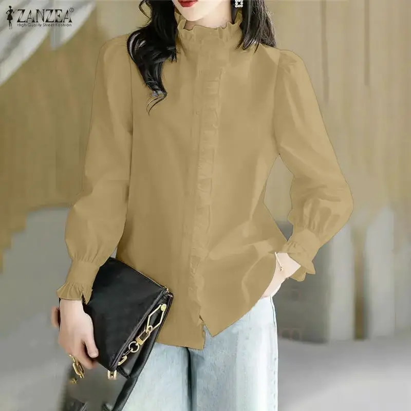 

2026 Spring Ruffled Shirt ZANZEA Office Women Blouse Casual Long Sleeve Blouses Elegant Flounce Work Tops Female OL Work Shirt