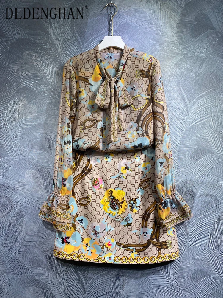 

DLDENGHAN Fashion Autumn Print Suit Women Lace-up Collar Flare Sleeve Pullover Shirt + Sequins Beading Skirt Vintage Print Set