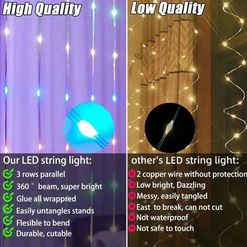 Luci per tende a LED intelligenti Stringa Spina USB Telecomando Luce per tende RGBIC con app Bluetooth Luci per tende natalizie per esterni