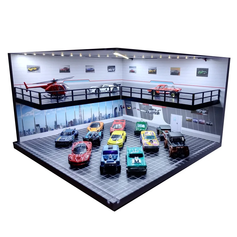 1/64 1/43 Scale Car Garage Diorama Diecast Model Display Case Scenery Toy Cars Simulation Display w LED Light Parking Lot Models