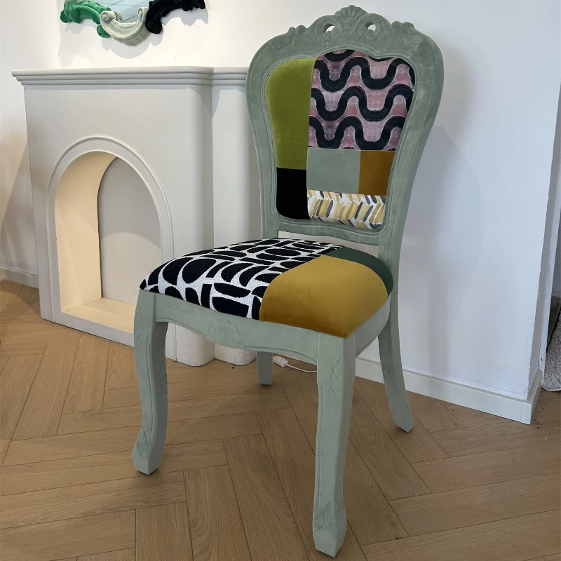 

American fabric patchwork dining chair Dining chair Modern and simple home living room solid wood chair in the dining room