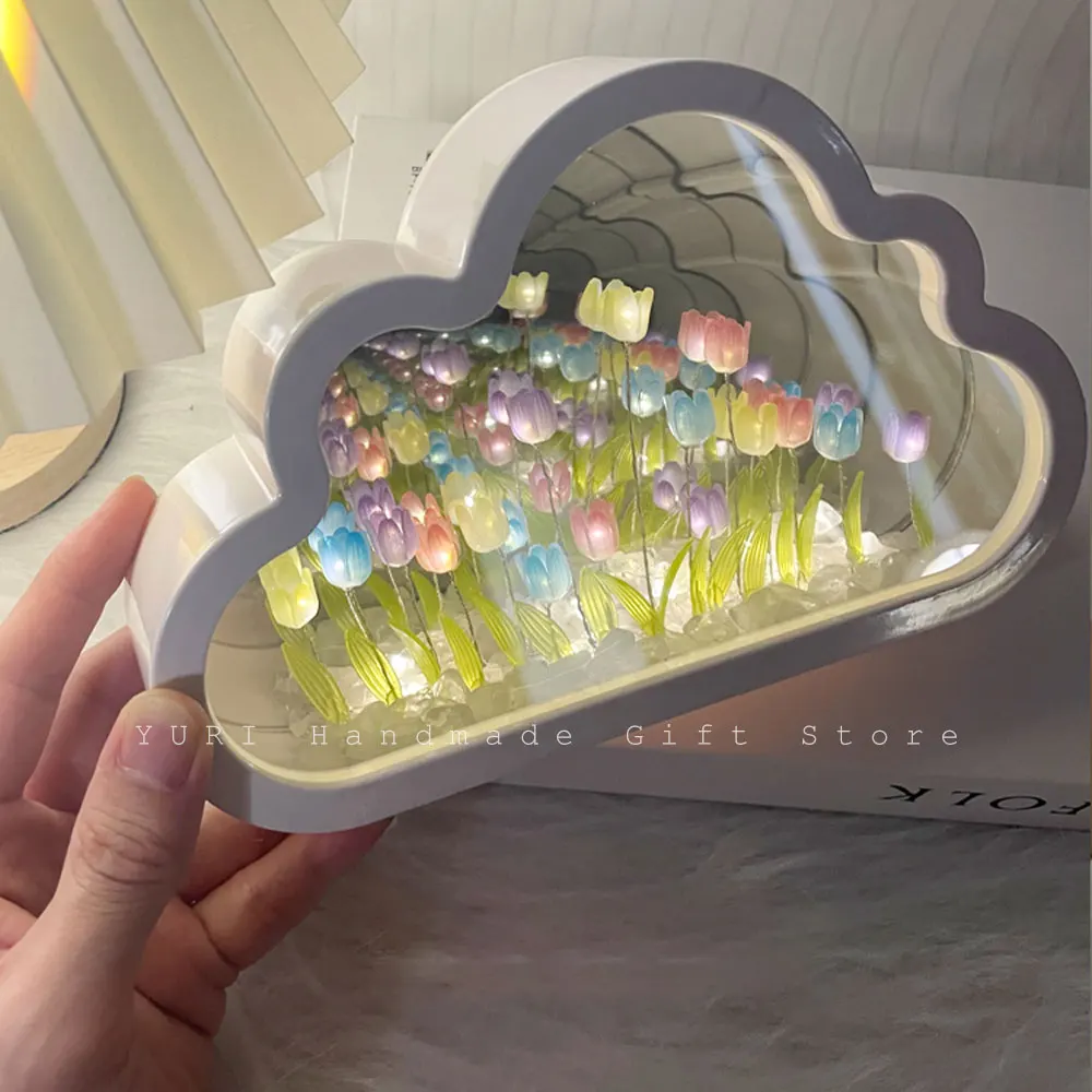 Cloud Tulip Night Light Handmade DIY Material Flower Home Decor Mirror Creative Atmosphere Lamp Birthday Gift Valentine\'s Day