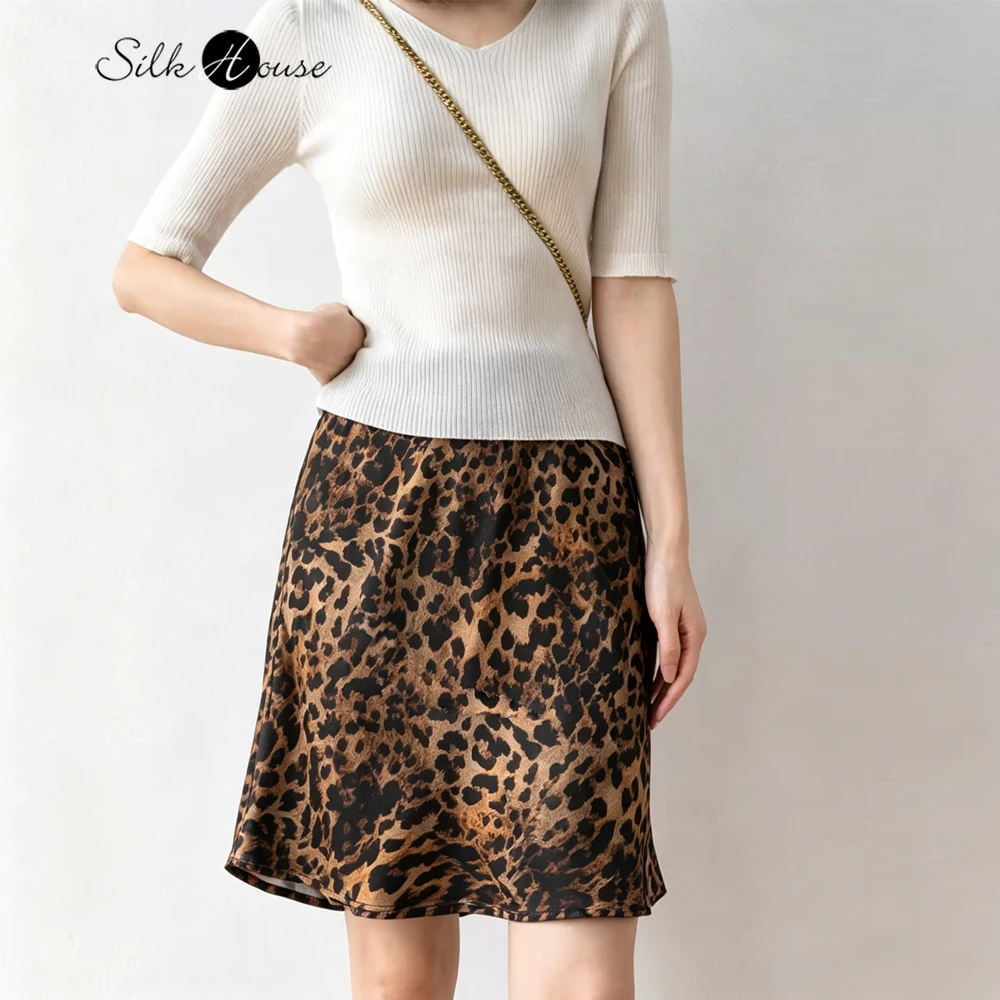 Women's Fashion Summer Clothing Leopard Pattern Heavy 100% Natural Mulberry Silk Plain Satin Glossy Oblique Cut Hip Bag Skirt