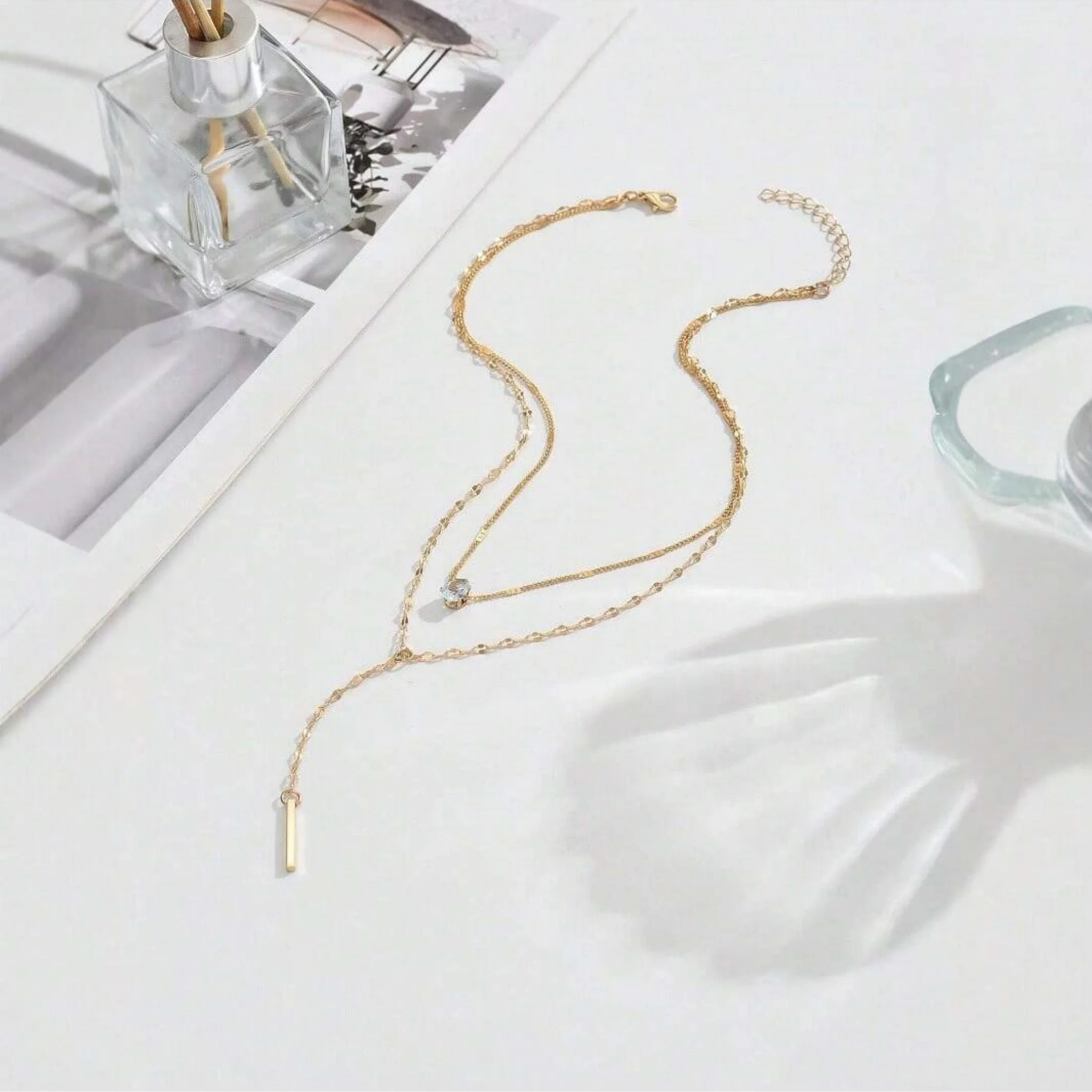 1 Juego de cadena de clavícula de doble círculo dorado, collar apilable con borlas, regalo para ella