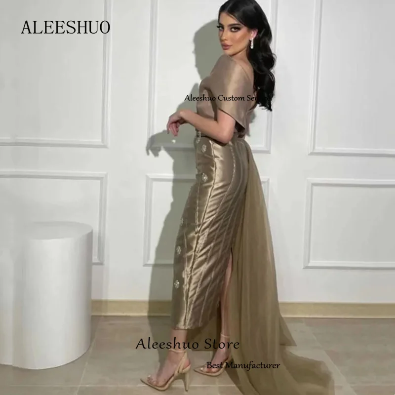 Aleeshuo Exquisite Dubai Arabic V-Neck Evening Dress Mermaid Tea-Length Formal Beaded Sequined Prom Party Gowns Occasion Dress