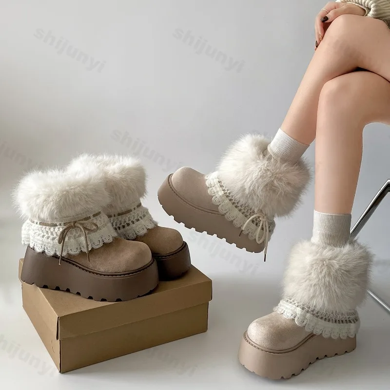 

Women Snow Boots 2025 Winter Platform Fur Lining Concise Height Increase Shoes Ladies Outdoor Comfort Warm Cotton Short Boots