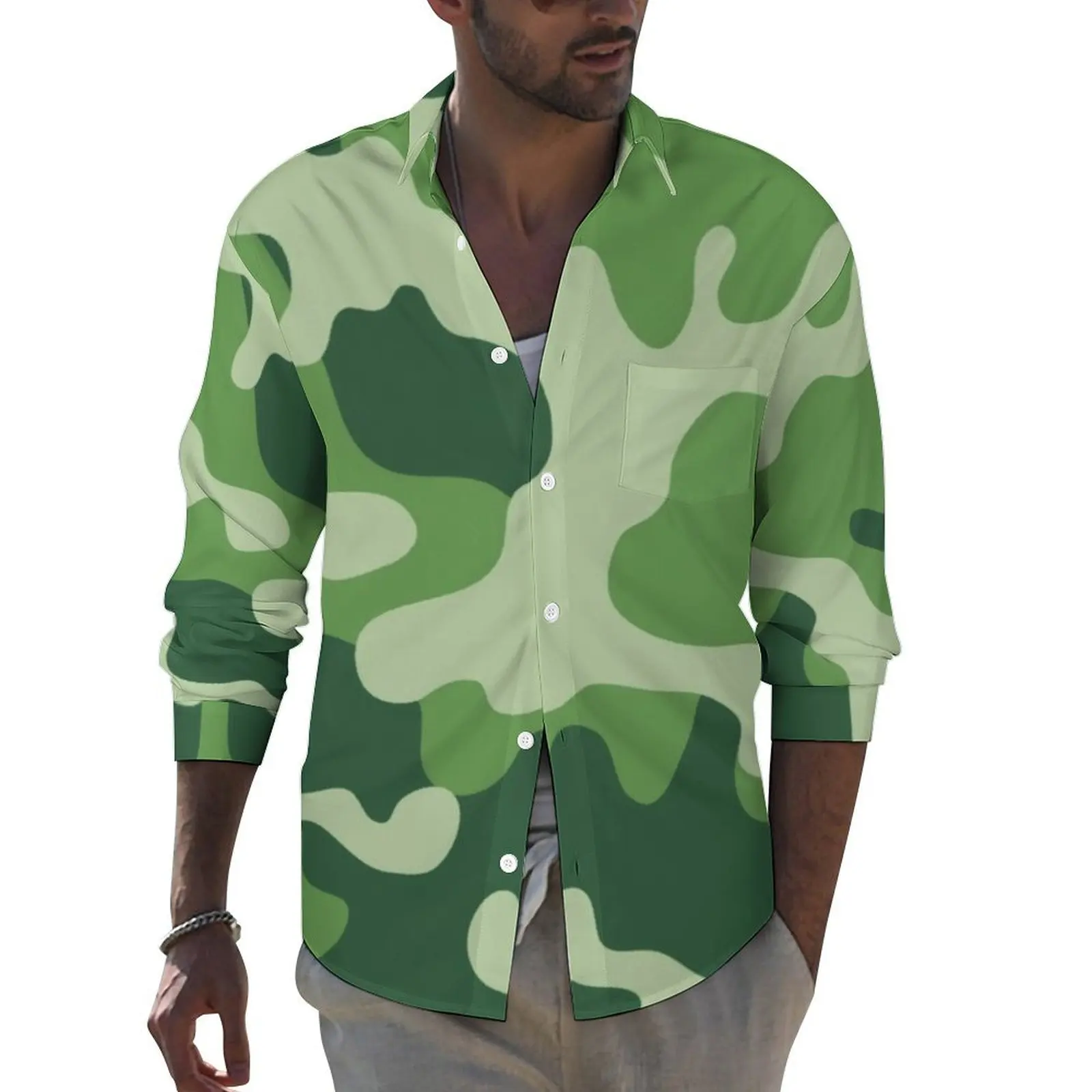 Tarnung Militaire Shirt männlich grün Camo Print Freizeit hemden Frühling ästhetische Blusen Langarm cool übergroße Top Geschenk idee